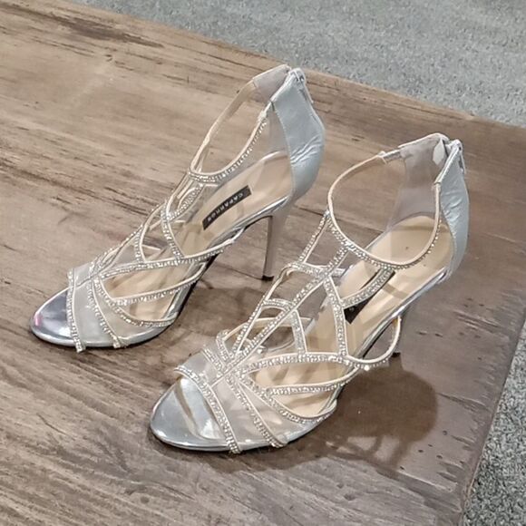 Caparros silver mesh & rhinestone strappy stilettos w back zip closure size 8.5 - Picture 2 of 5
